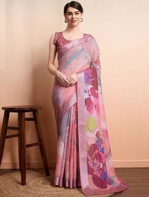 Peach printed linen casual saree with blouse piece 1