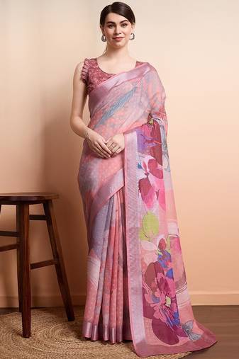 Peach printed linen casual saree with blouse piece