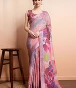 Peach printed linen casual saree with blouse piece
