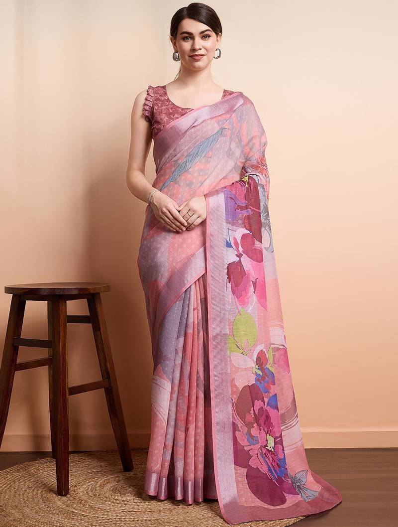 Peach printed linen casual saree with blouse piece