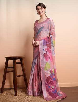 Peach printed linen casual saree with blouse piece 2