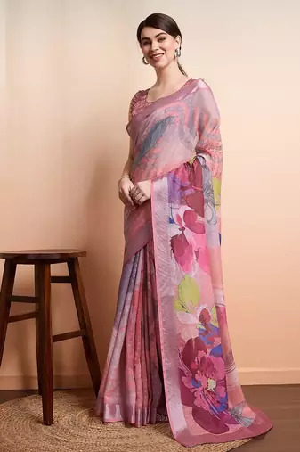 Peach printed linen casual saree with blouse piece