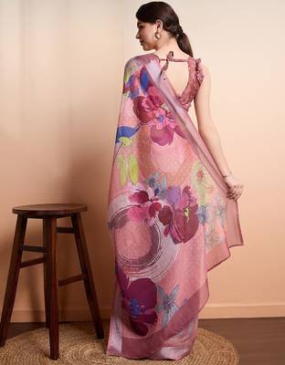 Peach printed linen casual saree with blouse piece 3
