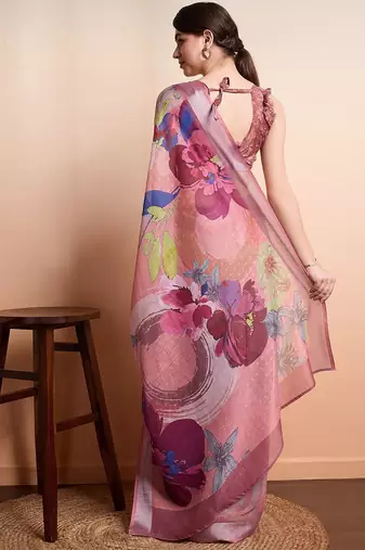 Peach printed linen casual saree with blouse piece