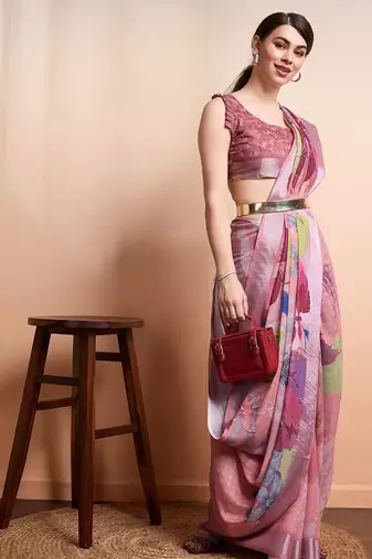 Peach printed linen casual saree with blouse piece