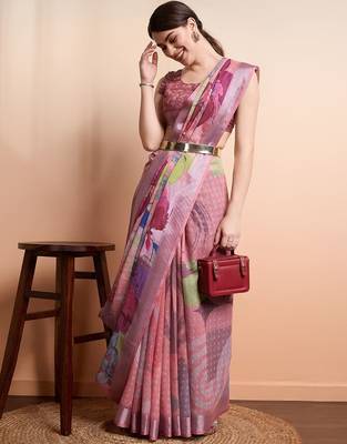 Peach printed linen casual saree with blouse piece 5