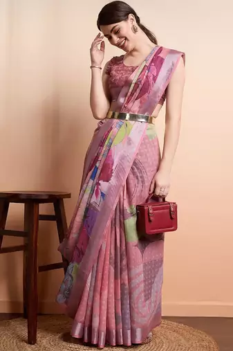 Peach printed linen casual saree with blouse piece