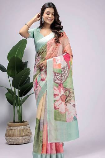 Sea green printed linen casual saree with blouse piece