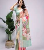 Sea green printed linen casual saree with blouse piece