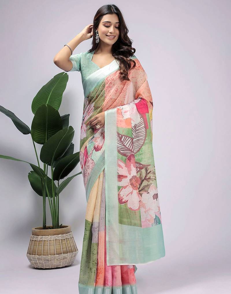 Sea green printed linen casual saree with blouse piece