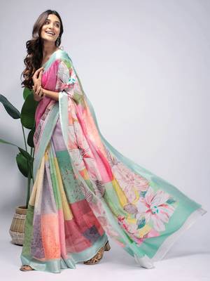 Sea green printed linen casual saree with blouse piece 2