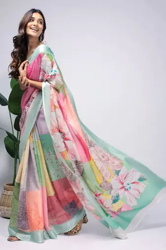 Sea green printed linen casual saree with blouse piece
