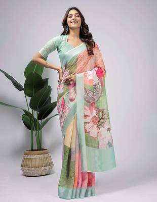Sea green printed linen casual saree with blouse piece 3