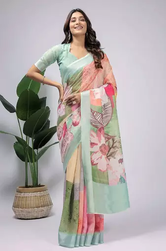 Sea green printed linen casual saree with blouse piece