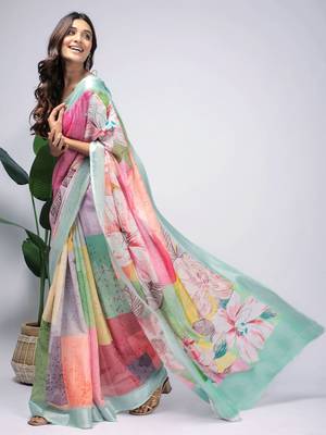 Sea green printed linen casual saree with blouse piece 4