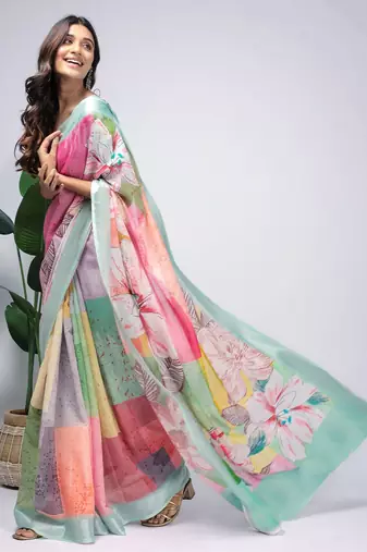 Sea green printed linen casual saree with blouse piece