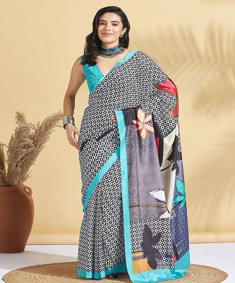 White printed crepe casual saree with blouse piece 1