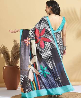 White printed crepe casual saree with blouse piece 2