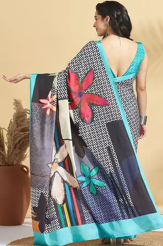 White printed crepe casual saree with blouse piece