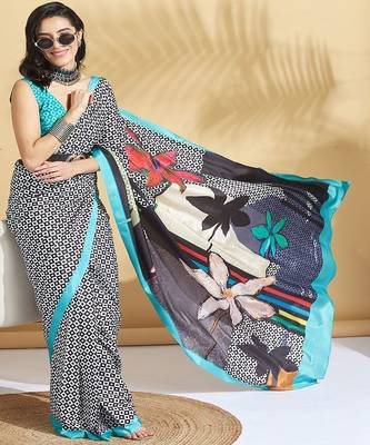 White printed crepe casual saree with blouse piece 3