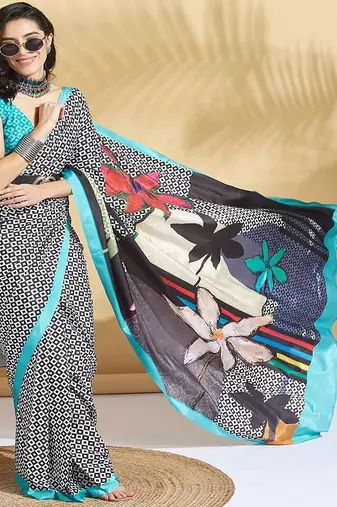 White printed crepe casual saree with blouse piece