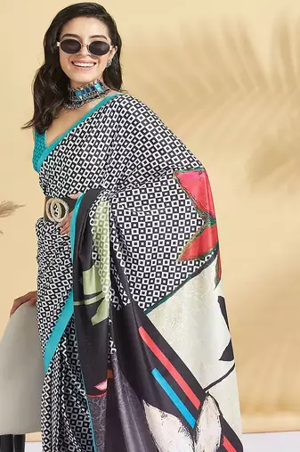 White printed crepe casual saree with blouse piece