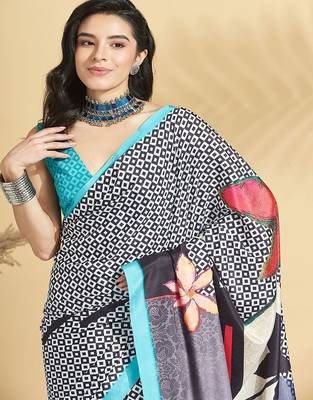 White printed crepe casual saree with blouse piece 5
