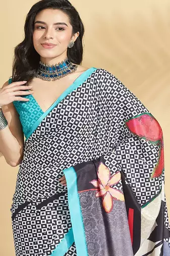 White printed crepe casual saree with blouse piece