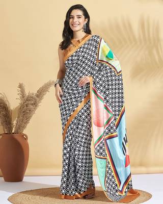 White printed crepe casual saree with blouse piece 1