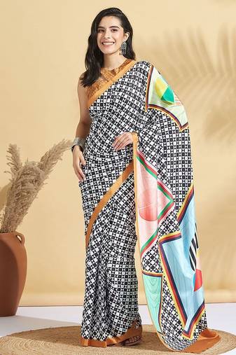 White printed crepe casual saree with blouse piece