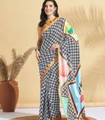 White printed crepe casual saree with blouse piece
