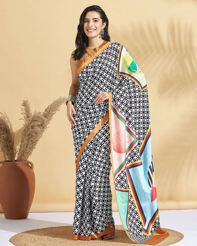 White printed crepe casual saree with blouse piece
