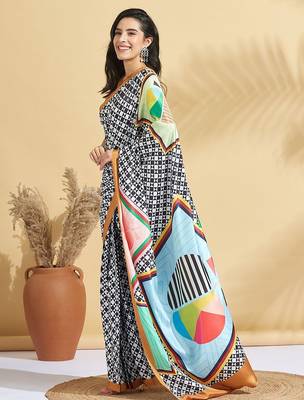 White printed crepe casual saree with blouse piece 2