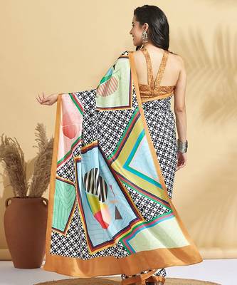 White printed crepe casual saree with blouse piece 3