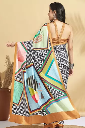 White printed crepe casual saree with blouse piece