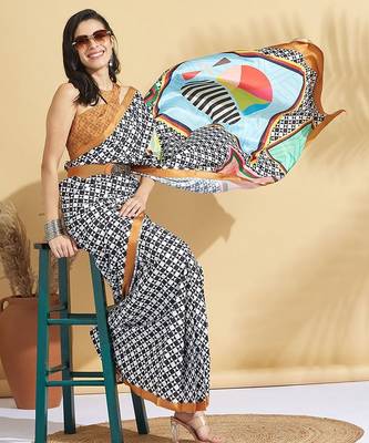 White printed crepe casual saree with blouse piece 4