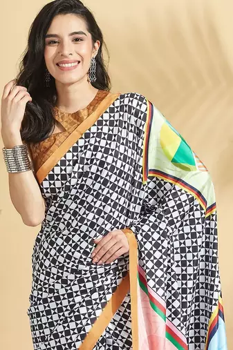White printed crepe casual saree with blouse piece