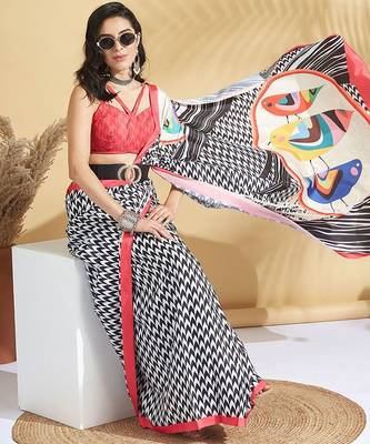 Pink printed crepe casual saree with blouse piece 4