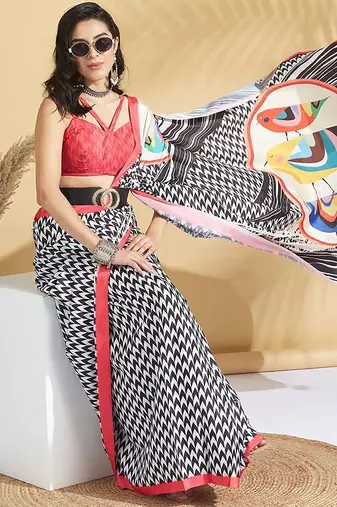Pink printed crepe casual saree with blouse piece