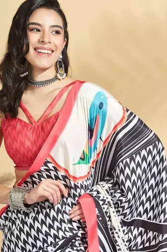 Pink printed crepe casual saree with blouse piece