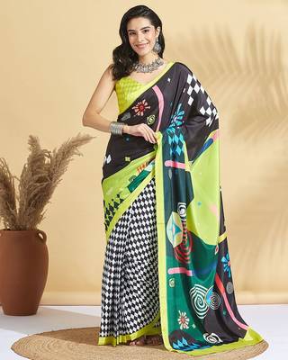 Green printed crepe casual saree with blouse piece 1