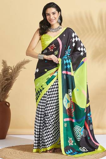 Green printed crepe casual saree with blouse piece