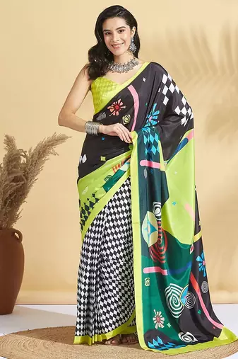 Green printed crepe casual saree with blouse piece