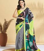Green printed crepe casual saree with blouse piece