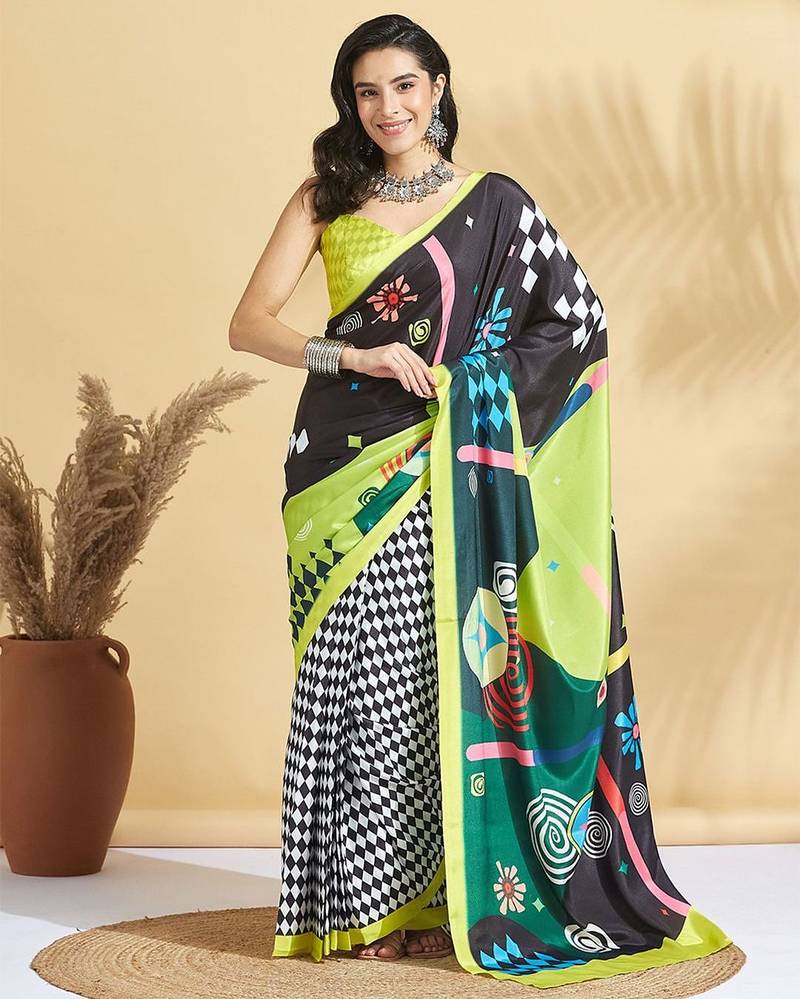 Green printed crepe casual saree with blouse piece
