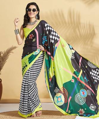 Green printed crepe casual saree with blouse piece 2
