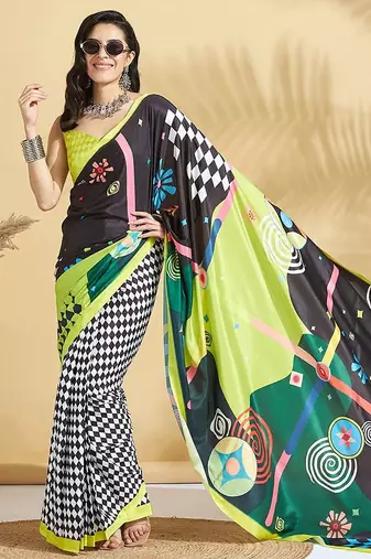 Green printed crepe casual saree with blouse piece