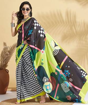 Green printed crepe casual saree with blouse piece 4