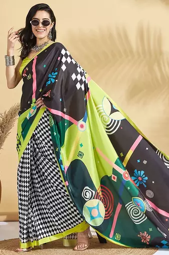 Green printed crepe casual saree with blouse piece
