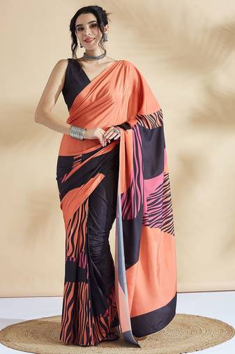 Orange printed crepe casual saree with blouse piece